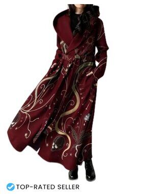 Women Long Fleece Trench Coat Gothic Belted Overcoat Hooded Peacoat